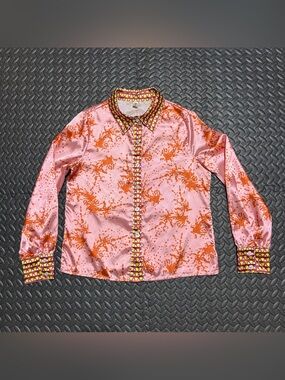 OC Order Plus Silky Button Down Shirt Blouse Geometric Collared Womens Small